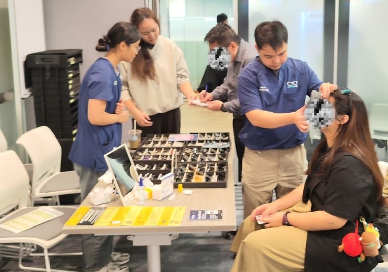 An optometrist doing an eye check for a lady participant in a health screening event