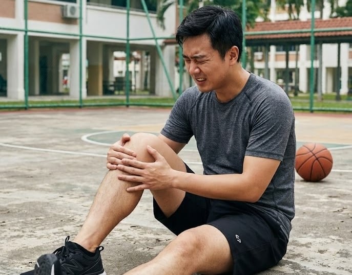 A Chinese man in his 30s sitting on the basketball court holding his knees in pain