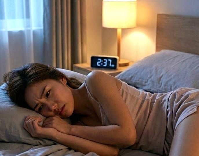 A Chinese long haired woman wearing sleepwear lies on her  bed unable to sleep