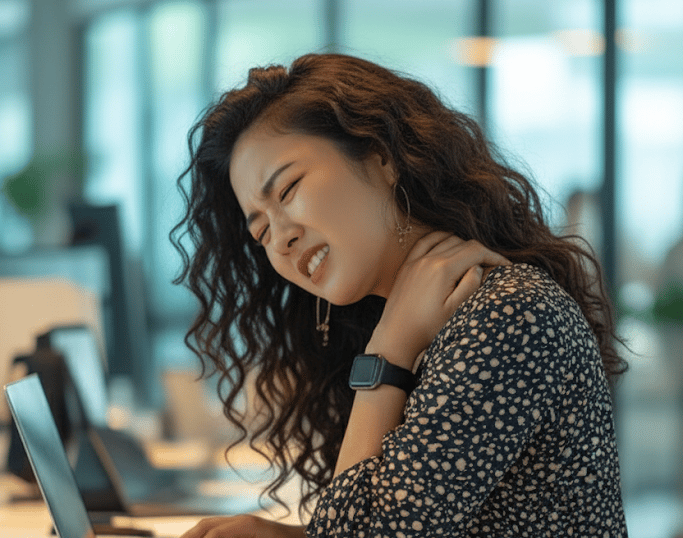 A Chinese woman with frizzy curls holding her shoulder with one hand and wincing in pain
