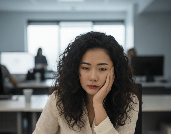 A Chinese woman with frizzy curve hair sitting at her office desk looking stressed