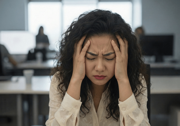 A woman with frizzy curly hair sits with her hands holding her head looking stressed