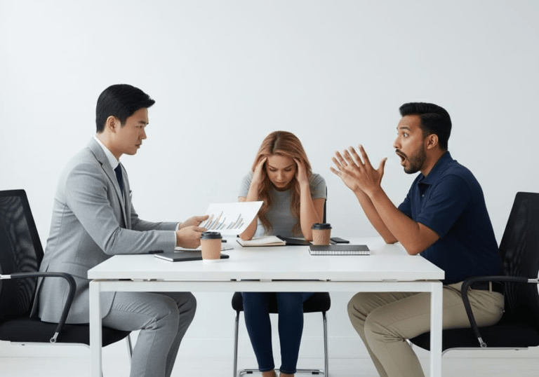 A Chinese man wearing a suit sits together with a Malay man shouting and a Eurasian woman