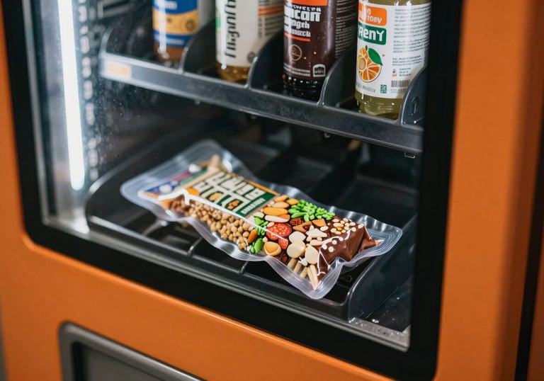 Detailed view of the dispensing tray of a vending machine showing a fresh, vacuum-sealed healthy meal and protein bar. The aesthetic is clean and industrial with orange accents, suited for Oceania / Australian sites.