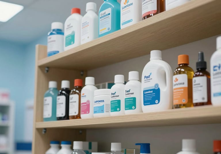 A clean and organized shelf with pet care products in a modern Latin American / Spanish veterinary lobby, with soft sky blue lighting.