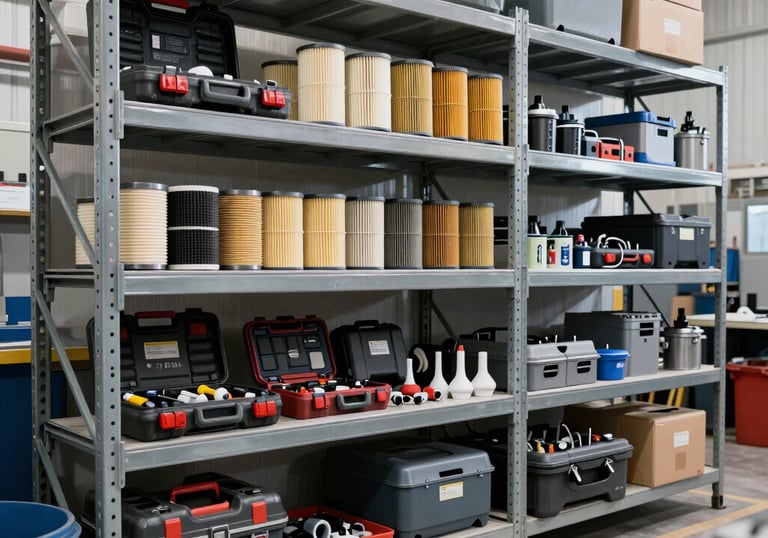 Boxes of automotive supplies ready for delivery in a warehouse setting.