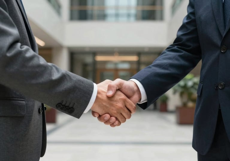 A professional handshake between two business leaders in a corporate lobby, focusing on the detail of professional attire and a sophisticated North American urban setting in the background.