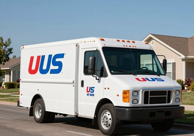 A service truck with red and blue company logos parked on a suburban residential street in Colorado Springs, clear sunny day, North American / US.