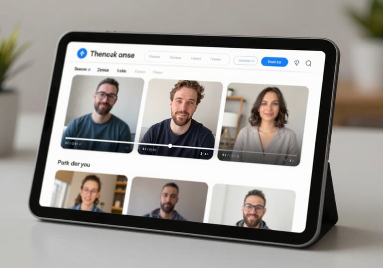 An tablet display showing an educational streaming platform dashboard with video progress bars, clean and modern.