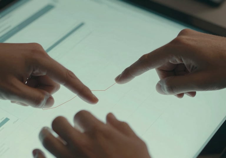 A close-up of two hands in a professional North American / US setting collaborating on a digital interface, soft lighting with seafoam green and mint white tones.