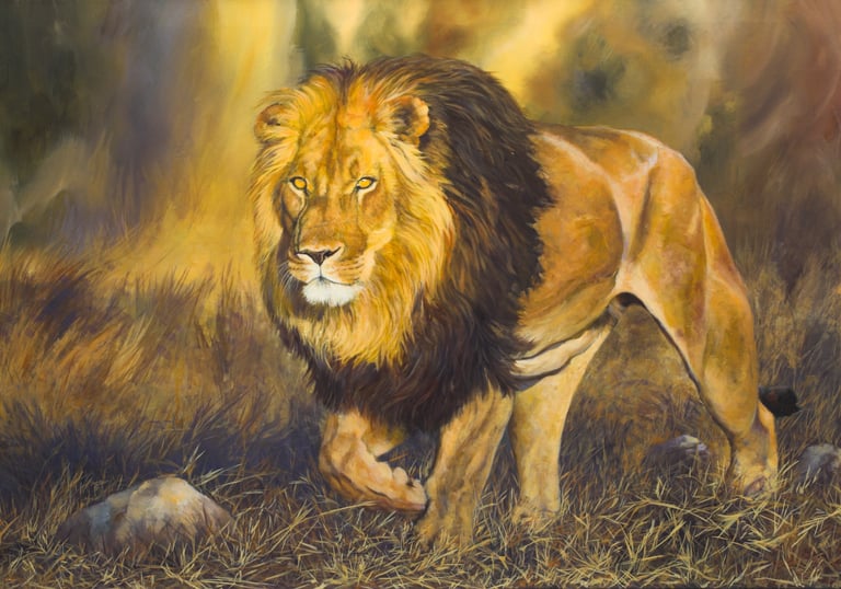 A large oil painting of a Male Black maned lion walking in a savannah background