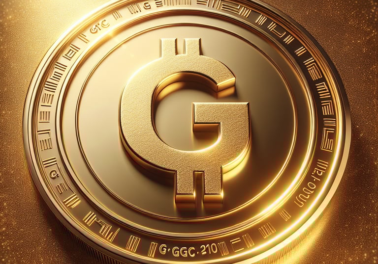Golden bitcoin coin marked with a G, illustrating the Gold-Backed Global Gold Coin (GGC) concept.