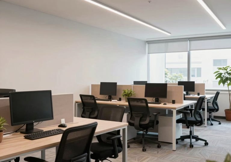 A bright, modern and clean South American shared office space with ergonomic furniture and professional lighting, conveying a sense of order and productivity.