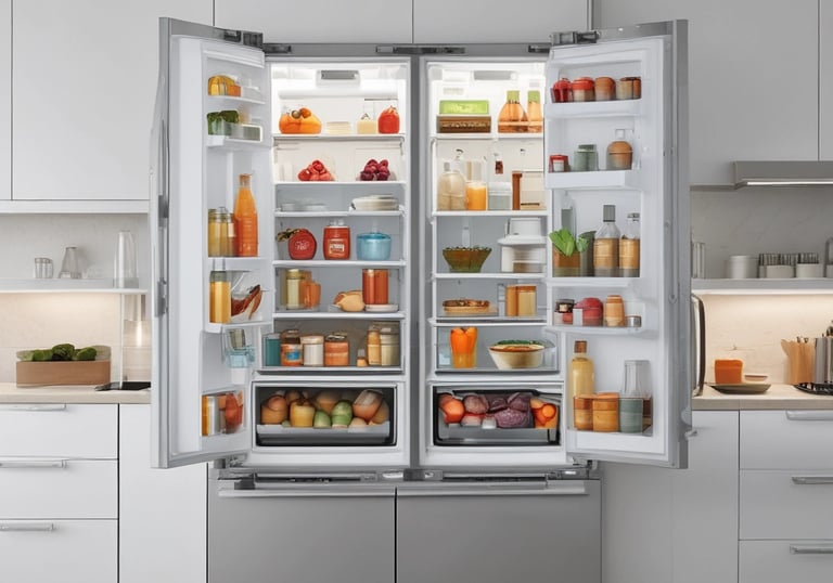Technician repairing a modern refrigerator in a home kitchen.