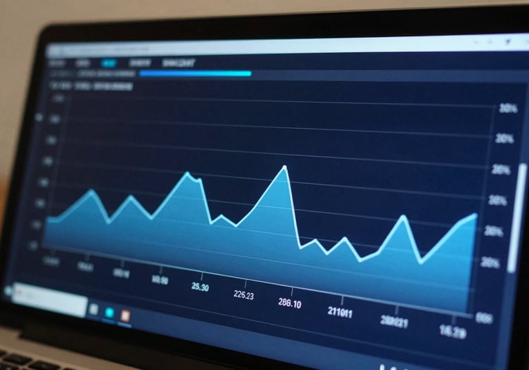 Close-up of a high-resolution display showing a clean digital dashboard with electric blue charts on a dark navy blue background, professional tech style.