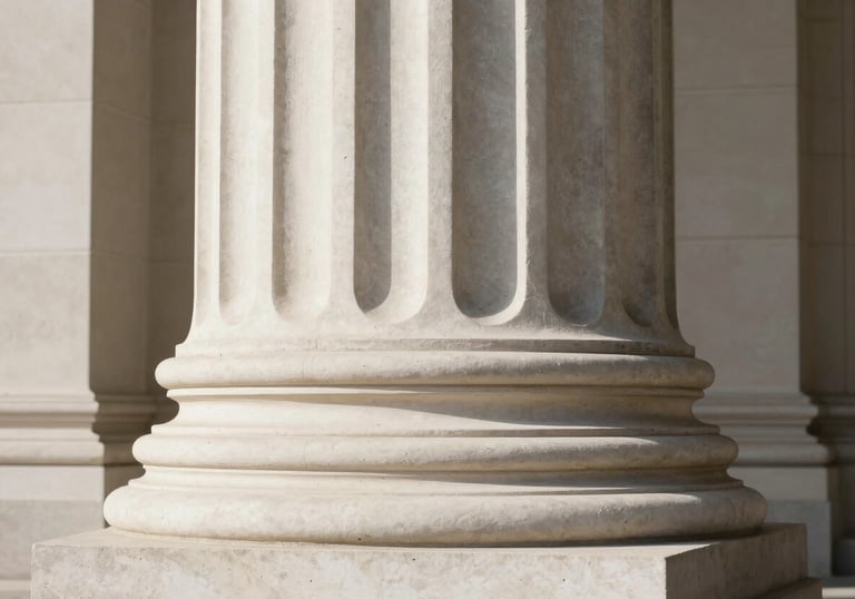 An abstract shot of a courthouse column in off-white stone, showing sharp shadows and minimalist composition.