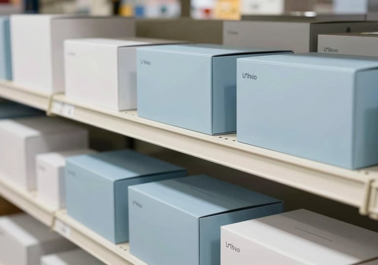 Clean, organized boxes of retail goods and electronics in a bright warehouse with Soft Slate Blue and Pale Arctic White colors.