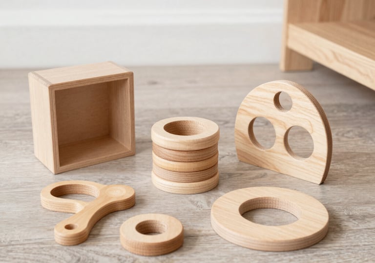 Close-up of a finely engraved wooden montesori tools