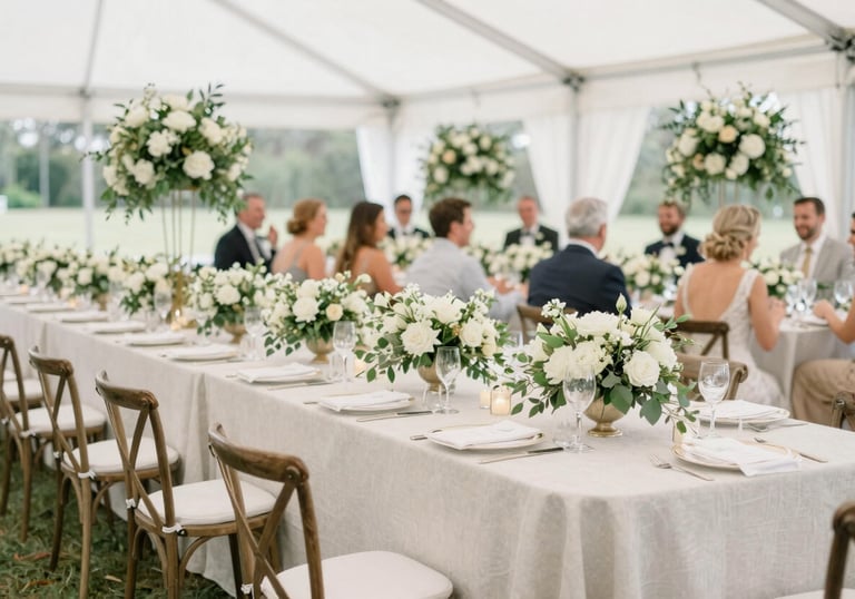 A bright and airy photograph of a large outdoor wedding reception in North Florida. Long tables with off-white linens, elegant floral arrangements in soft greens, and guests laughing in the background. High-key lighting, professional and clean aesthetic.