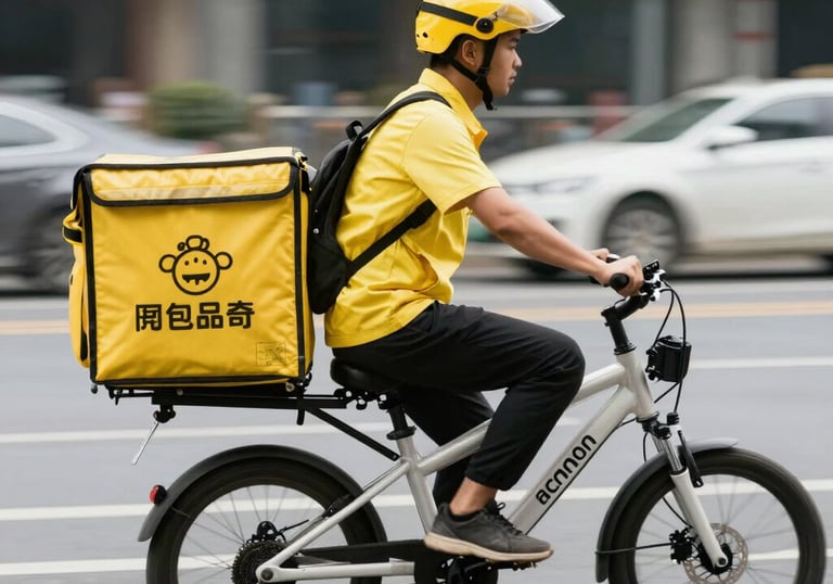 A delivery person handing a colorful package to a happy customer at their doorstep.