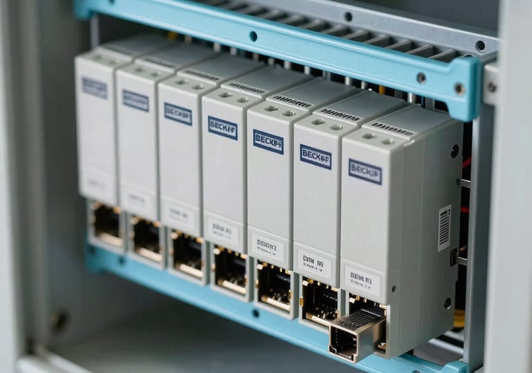 Close-up of Beckhoff industrial PLC modules with Ethernet connections, neatly mounted on a DIN rail inside a control cabinet, professional studio lighting with light steel blue accents.