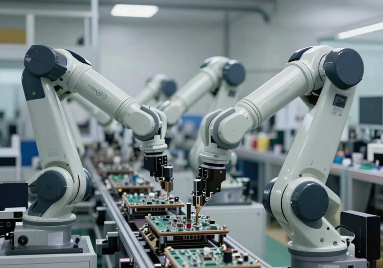 A group of collaborative robots working on an automated electronic assembly line in a high-tech Chinese factory, modern industrial composition, clean gray and silver tones.