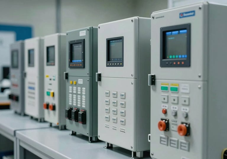 Detailed photography of Schneider Electric industrial controllers and power distribution components arranged neatly on a technical workbench, clean lighting, professional industrial style.