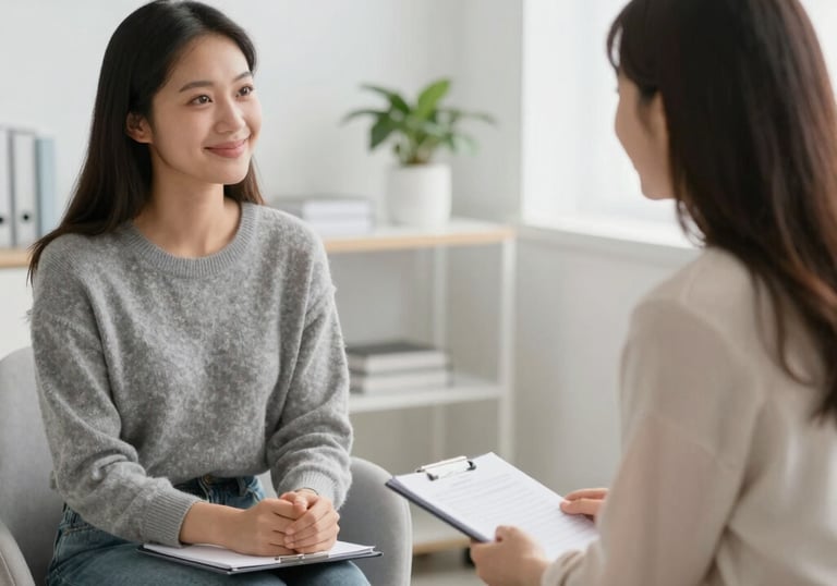 A warm, inviting therapy room with comfortable chairs and soft lighting.