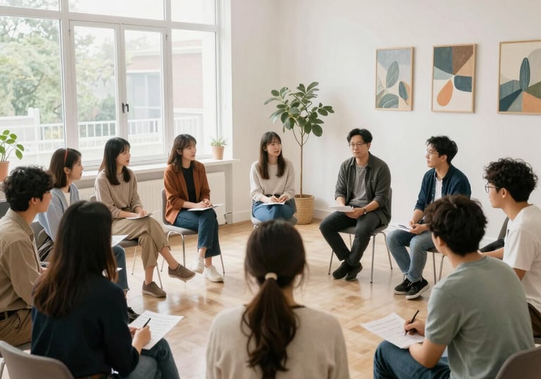 A diverse group of people engaged in a supportive workshop setting.