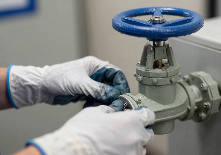 A close-up of a technician's hands wearing heavy-duty protective gloves, operating a clean muted green and slate blue control valve.