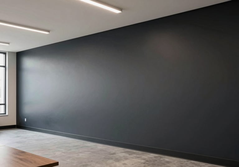 A clean and modern North American / Southern California office interior featuring perfectly painted dark charcoal accent walls.