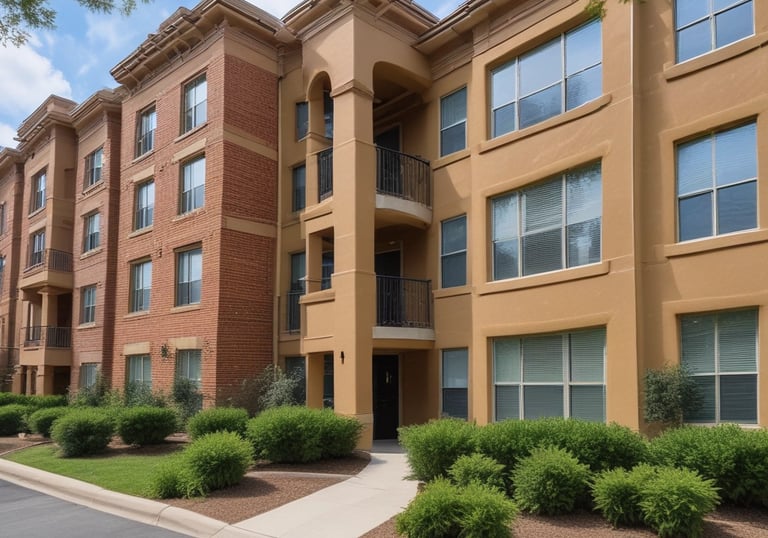A modern office building with reflective glass windows against a red sky.