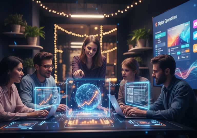 A business team analyzing digital operations and global data analytics on a futuristic holographic display.