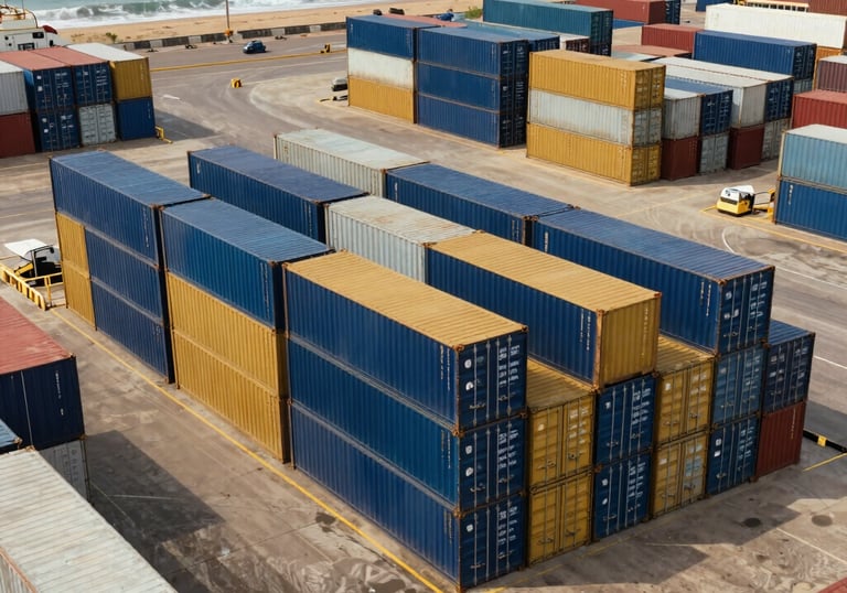 An aerial photography shot of a West African coastal logistics hub for petroleum, featuring organized shipping containers in navy blue and gold accents.