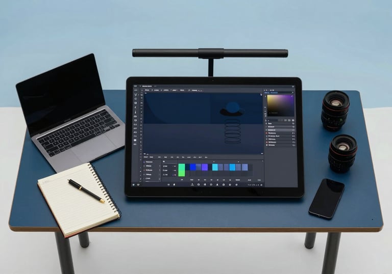 A top-down view of a designer's workspace in Brazil with digital tools and a notebook, soft sky blue and medium blue palette, clean and efficient composition.