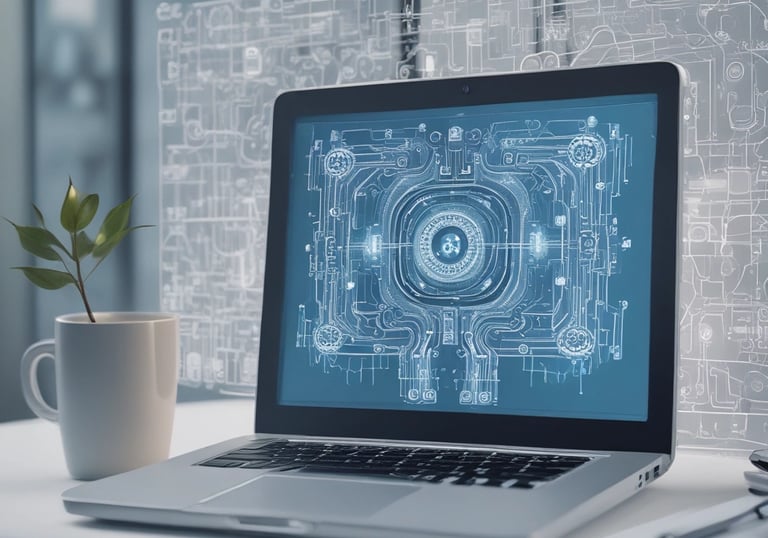 Cartoon-style purple and gold AI bot with eyes following cursor on a sleek modern interface background.