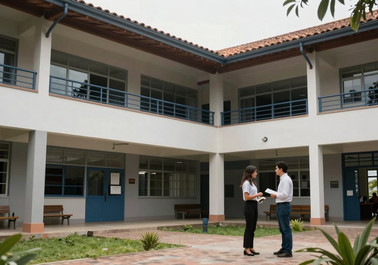 Modern educational campus in Colombia, showing architectural safety features and a professional environment for risk management analysis.