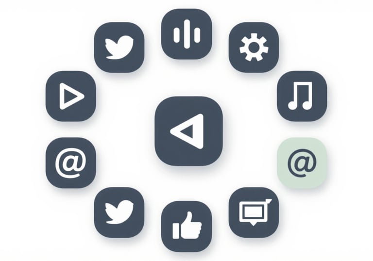 Icons of major social media platforms arranged in a professional, clean circular composition. The icons are rendered in a minimalist style using #4A6C70 and #F0F5ED.