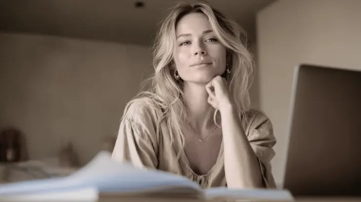 Blonde woman working from home on a laptop with a professional and thoughtful expression.