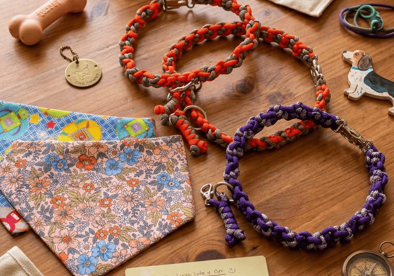bandanas y collares tejidos para perritos sobre una mesa