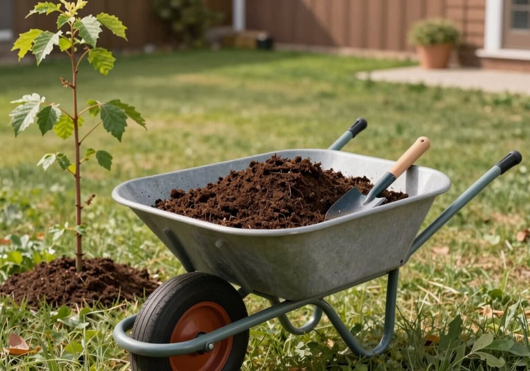 A wheelbarrow filled with fresh planting soil and gardening tools sitting next to a newly planted sapling in a North American / US yard.