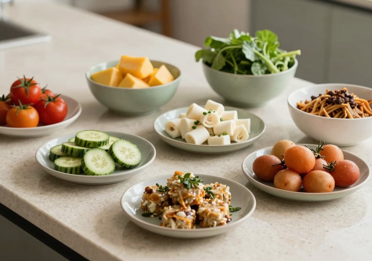 A vibrant but sophisticated display of healthy, longevity-focused foods on a stone countertop. Lighting is soft and bright, using colors like Muted Sage and Crisp Off-White.