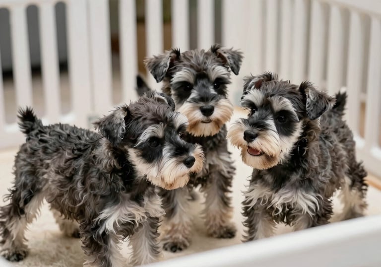 A litter of playful puppies cuddled together on a soft blanket indoors.