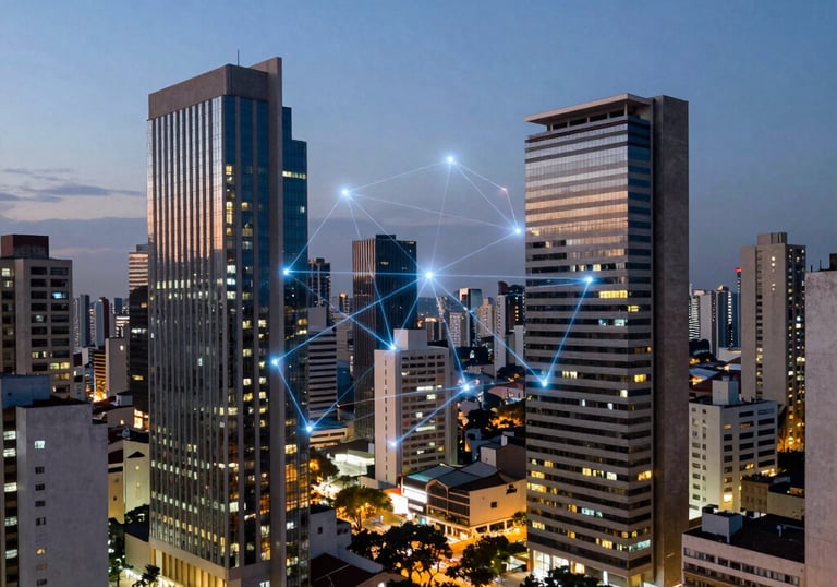 Modern urban cityscape at dusk with lights representing a connected digital network grid, sleek architecture in a South American / Brazilian city.