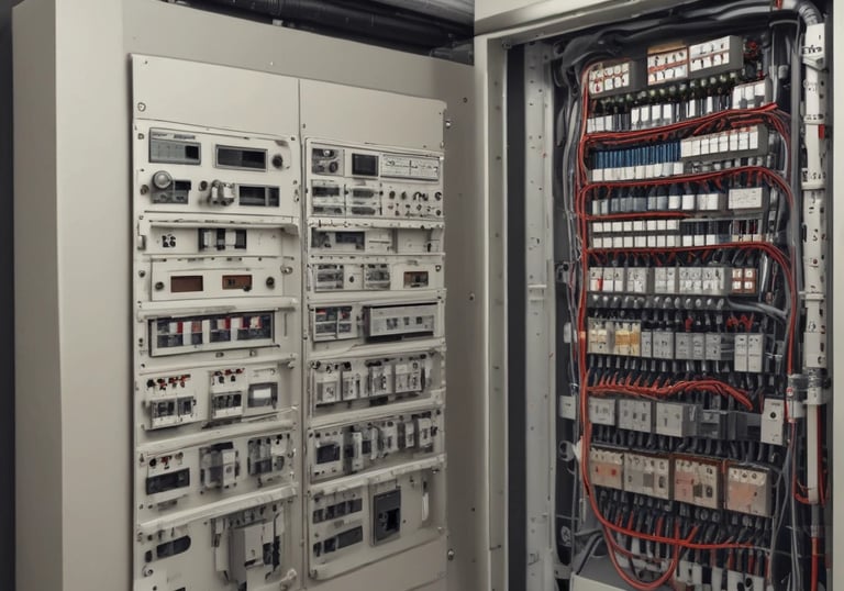 Close-up of automated electrical panel with wiring and controls.