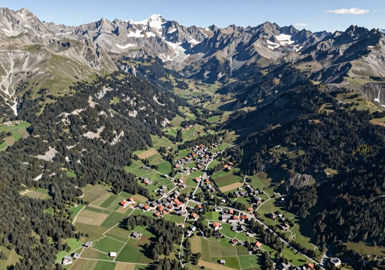 A group of diverse local candidates smiling warmly in front of an alpine village backdrop.