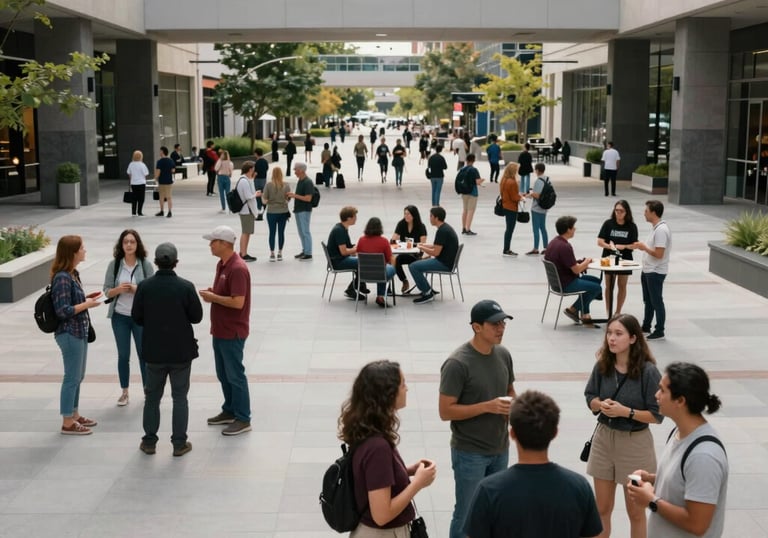 A wide shot of a community gathering at a clean, modern North American urban plaza, people engaged in friendly conversation, representing connection.