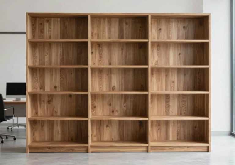 A sturdy, modern bookshelf made of solid wood in a bright office space. The design is minimalist and showcases structural integrity.
