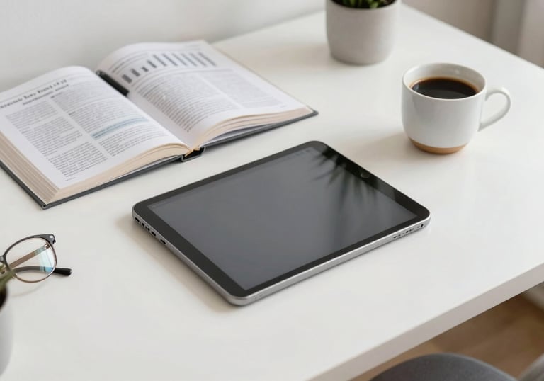 A minimalist North American / US home office desk with a digital tablet, financial books, and a cup of coffee. The setting is bright and orderly.