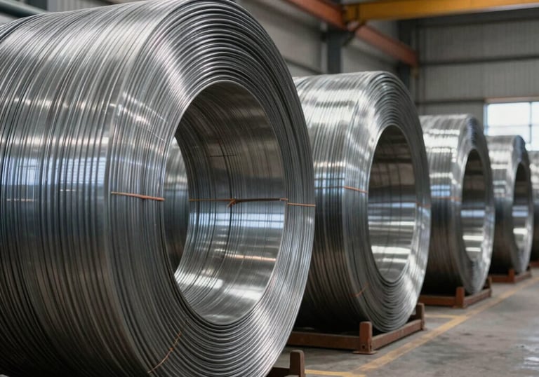 A row of industrial storage racks in a Brazilian distribution center, holding large coils of stainless steel, professional lighting emphasizing the metallic luster.
